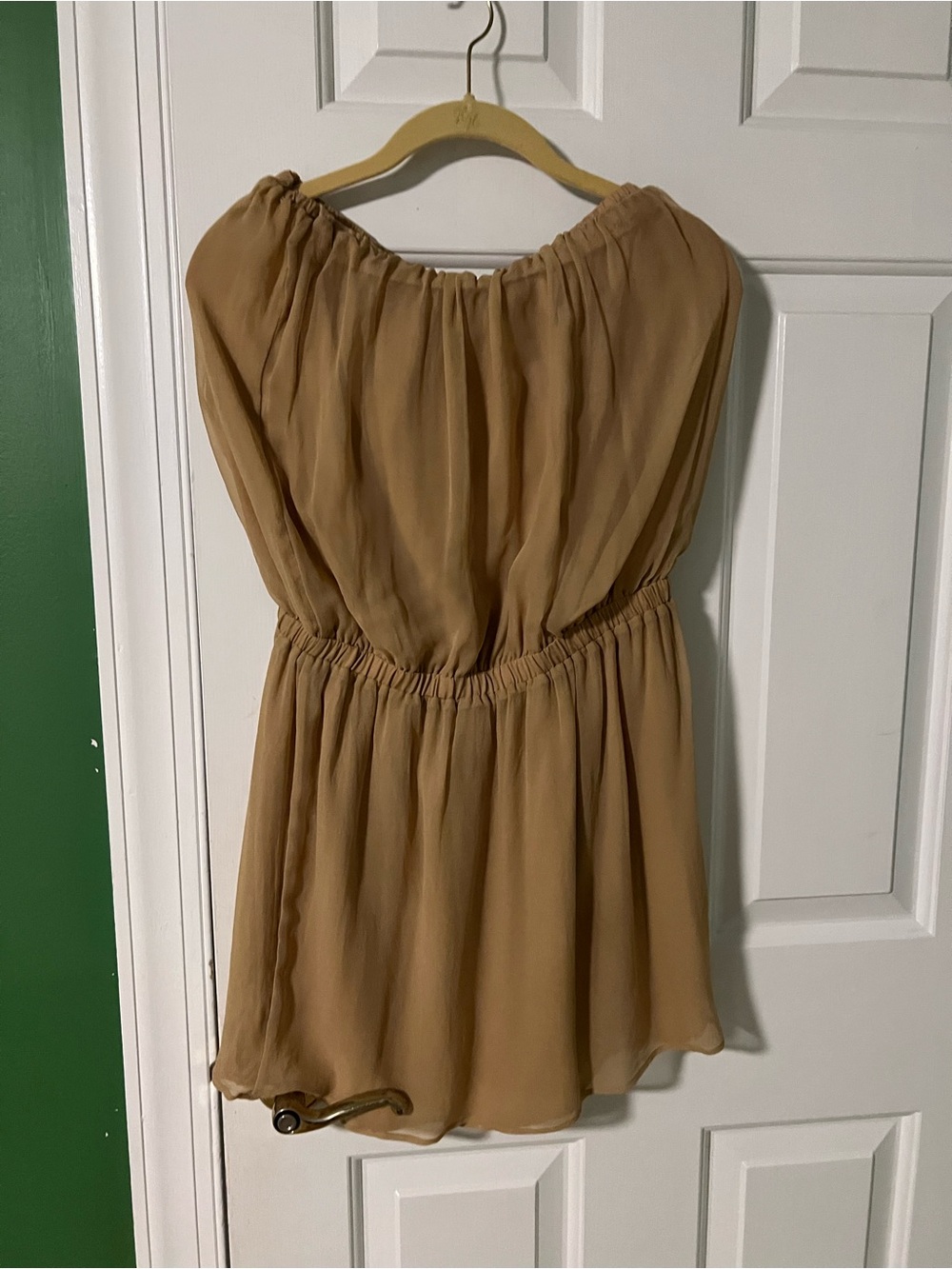 Women's Off-Shoulder Tan Elastic-Waist Tunic Dress